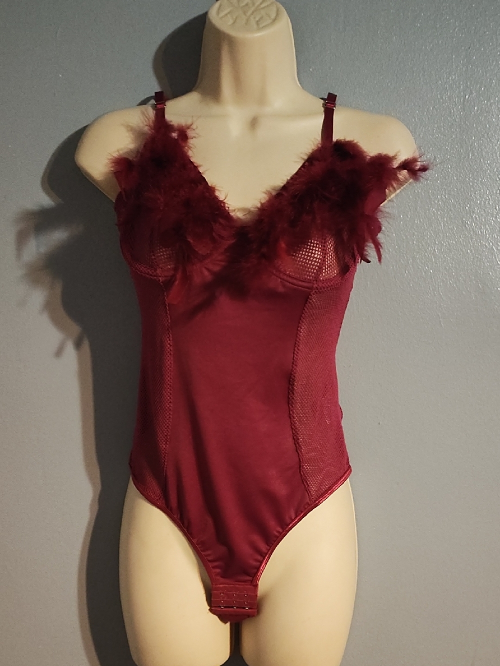 Body Key Maroon Feather Trim Bodysuit